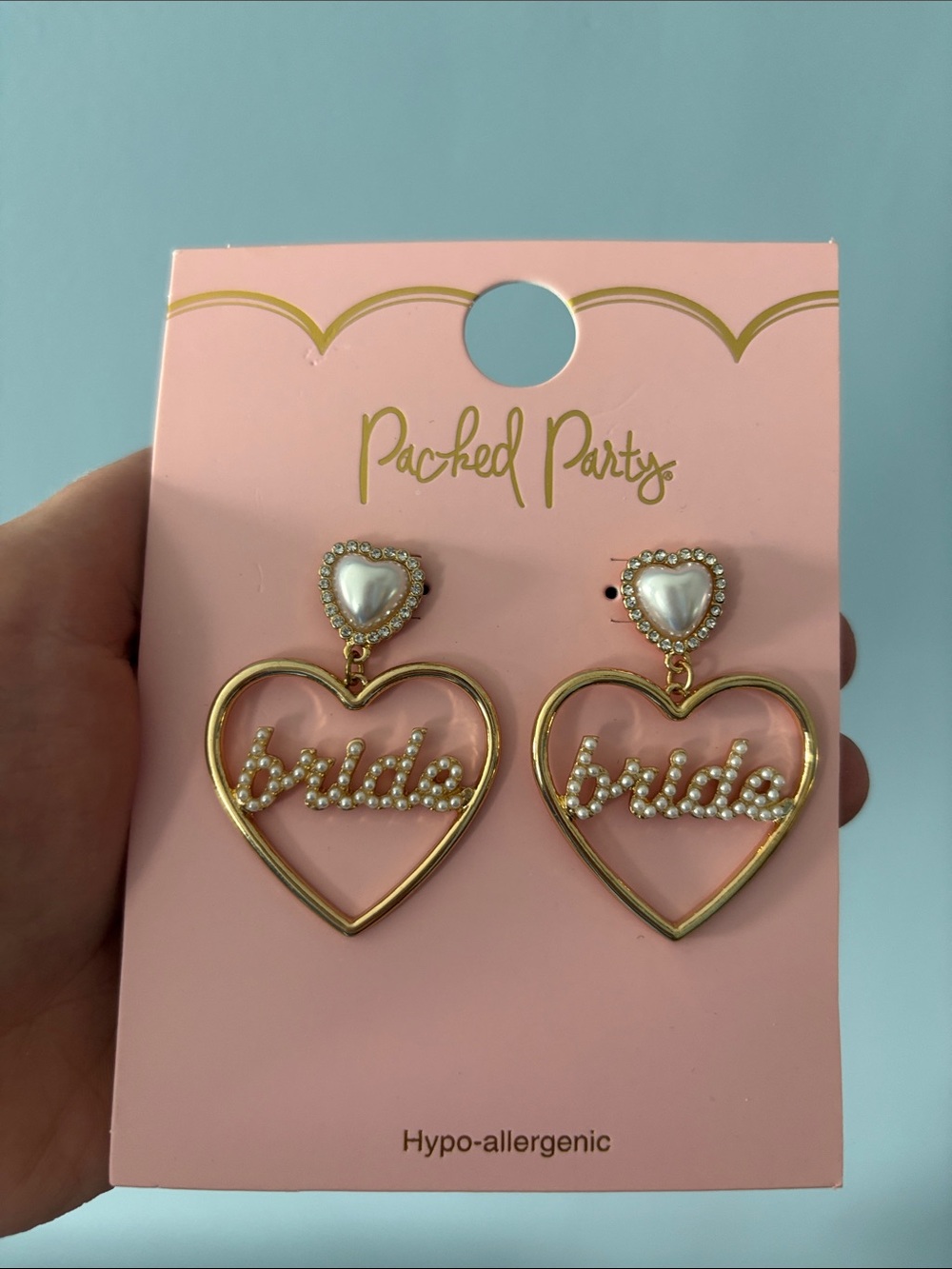 Packed Party Gold Heart Drop Earrings with White Pearl 'bride' Script